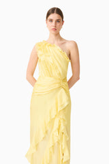 Brunette model wearing the Lucinda One Shoulder Gown in Lemon Yellow close up shot 