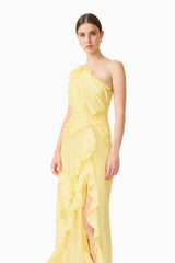 Brunette model wearing the Lucinda One Shoulder Gown in Lemon Yellow close up posed shot 
