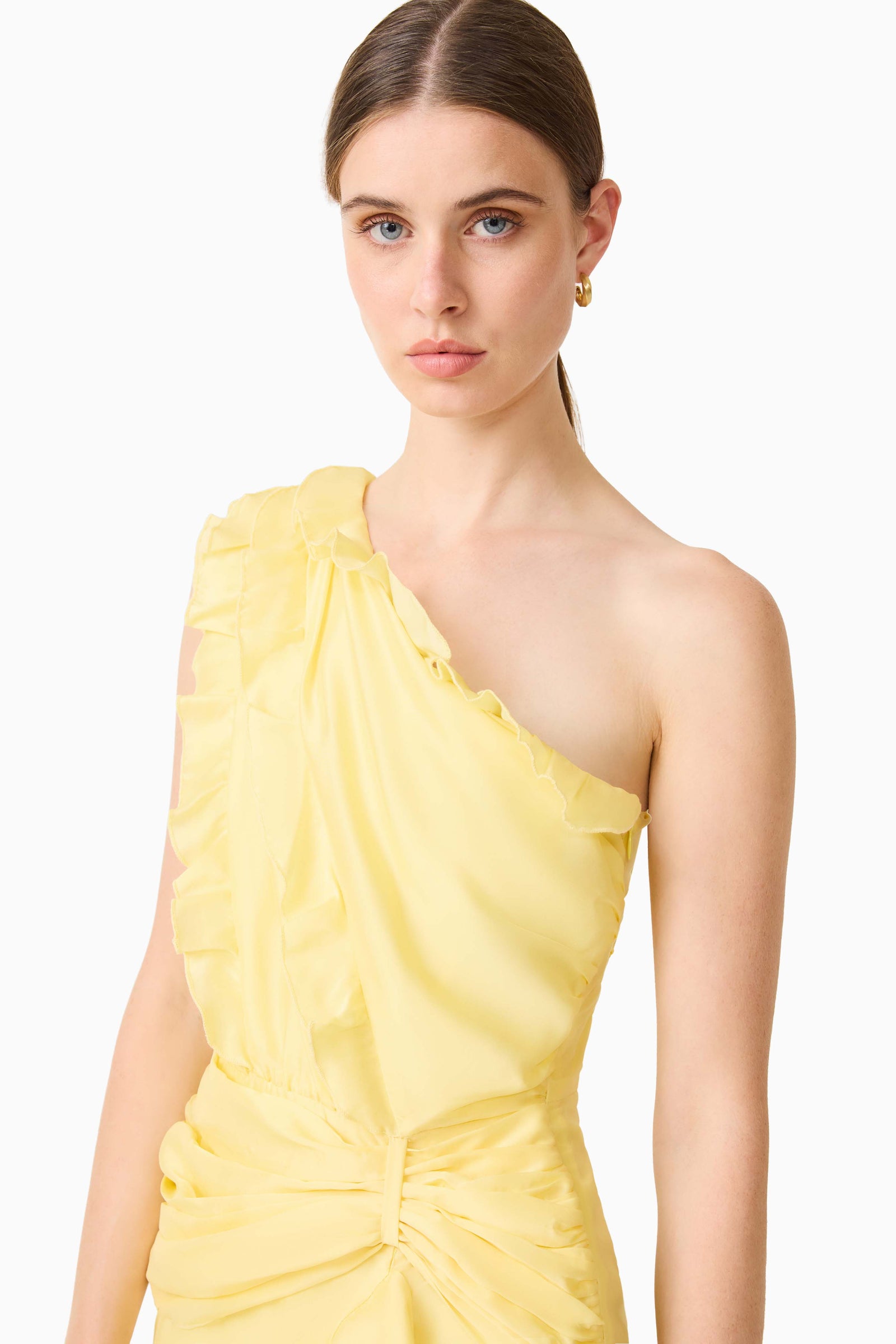 yellow one shoulder dress Lucinda One Shoulder Gown in Lemon Yellow