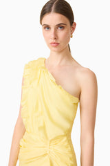 Brunette model wearing the Lucinda One Shoulder Gown in Lemon Yellow detail shot 