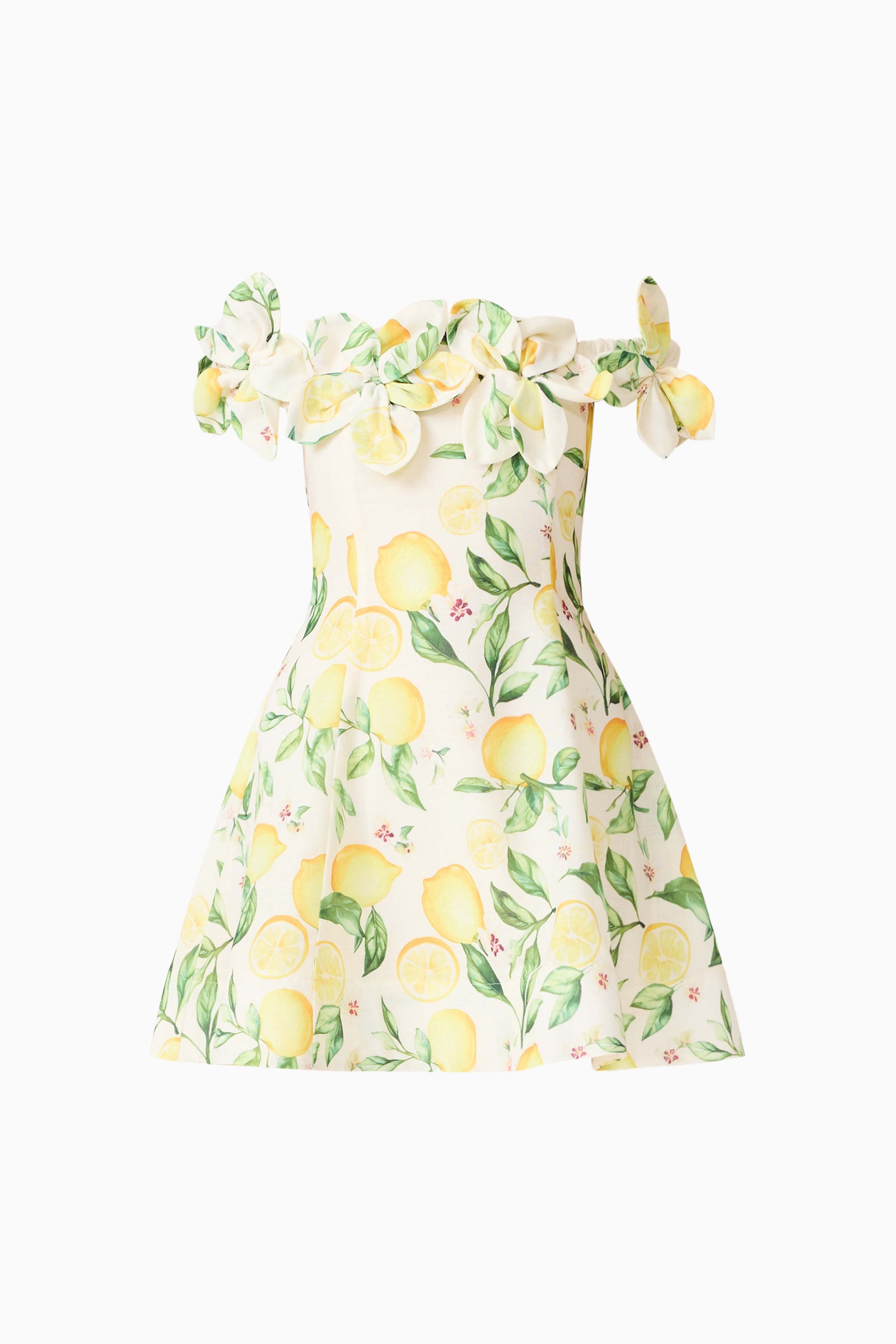 lemon print off the shoulder dress Women's Blue/lemons Open-Shoulder Dress with Tie Belt