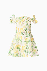 Hana Off Shoulder Mini Dress in Lemon Print in ghost sheet 