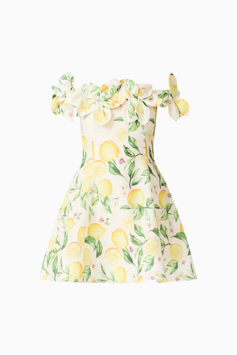 rhylee light yellow satin lace-up off-the-shoulder mini dress Hana Off Shoulder Mini Dress in Lemon Print