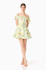 Brunette model wearing the Hana Off Shoulder Mini Dress in Lemon Print posed shot