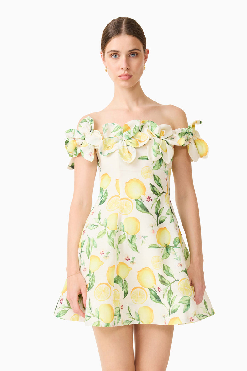 Hana Off Shoulder Mini Dress in Lemon Print Hana Off Shoulder Mini Dress in Lemon Print