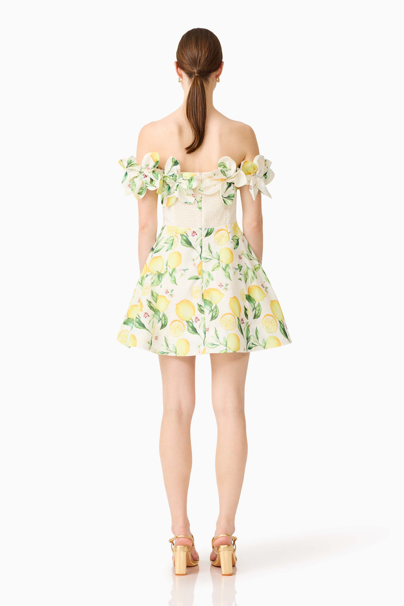 Hana Off Shoulder Mini Dress in Lemon Print