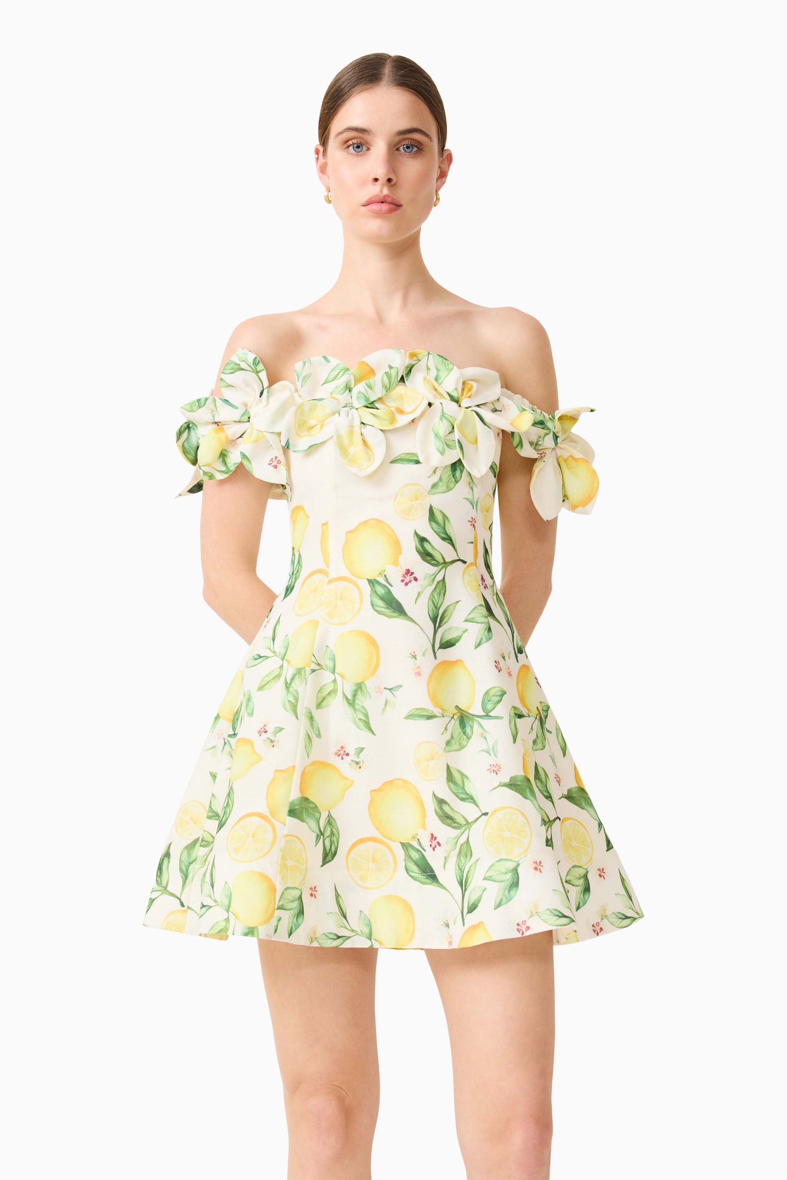 Hana Off Shoulder Mini Dress in Lemon Print | Summer Mini Dress  Elliatt