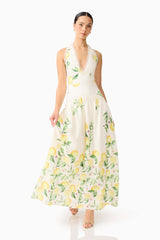 Brunette model wearing the Hana Halter Gown in Lemon Print front shot