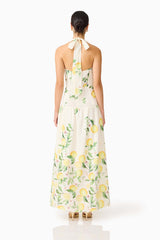 Brunette model wearing the Hana Halter Gown in Lemon Print back shot