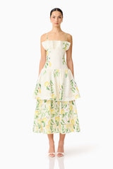 Brunette model wearing the Hana Tiered Maxi Dress in Lemon Print front shot 