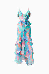 Coral Tiered Gown in Blue Multi ghost shot 