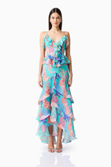 Brunette model wearing the Coral Tiered Gown in Blue Multi front shot 
