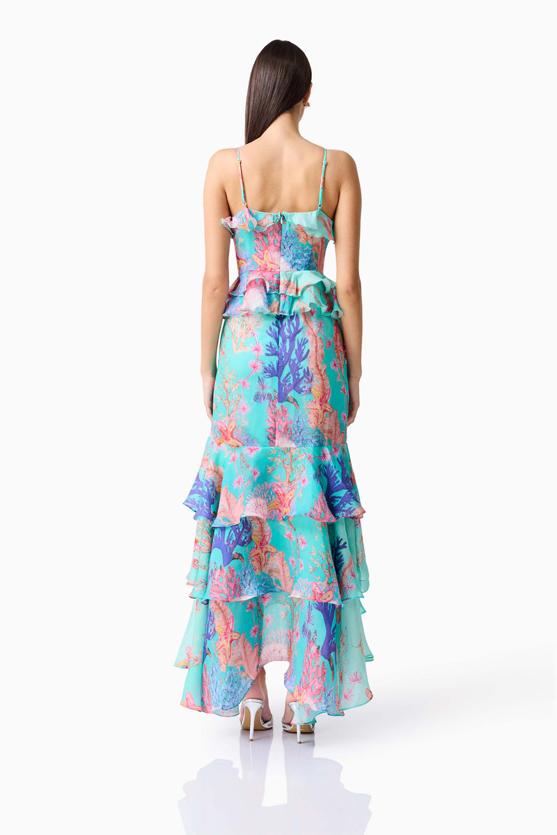 Coral Tiered Gown in Blue Multi | Wedding Guest Ready  Elliatt