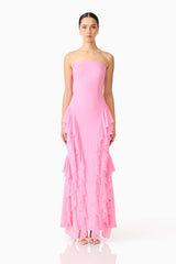Brunette model wearing the Amelina Strapless Gown in Pink front shot 