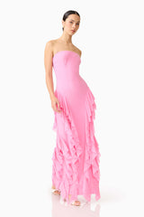 Brunette model wearing the Amelina Strapless Gown in Pink posed shot 