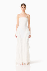 Brunette model wearing the Amelina Strapless Gown in White front shot 