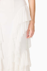 Brunette model wearing the Amelina Strapless Gown in White detail shot 