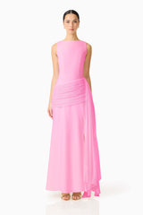 Brunette model wearing the Amelina Sash Gown in Pink front shot