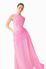 Brunette model wearing the Amelina Sash Gown in Pink close up shot