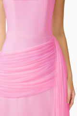 Brunette model wearing the Amelina Sash Gown in Pink detail shot