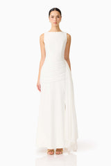 Brunette model wearing the Amelina Sash Gown in White front shot 