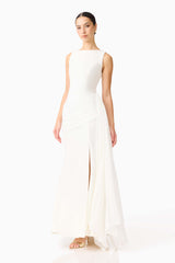 Brunette model wearing the Amelina Sash Gown in White posed shot 