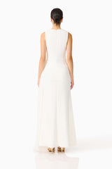 Brunette model wearing the Amelina Sash Gown in White back shot 