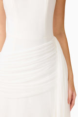 Brunette model wearing the Amelina Sash Gown in White detail shot 