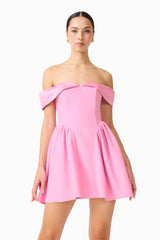 Brunette model wearing the Amelina Off Shoulder Mini Dress in Pink close up shot 