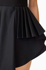 Brunette model wearing the Nydia A-Line Mini Dress in Black detail shot
