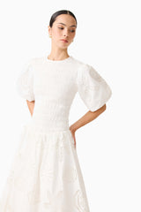 Brunette model wearing the Celine Puff Sleeve Maxi Dress in White hand on hip close up shot 