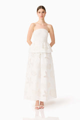 Model wearing the Celine Strapless Maxi Dress in White posed shot 