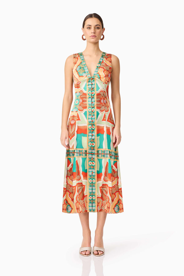 Brunette model wearing Neomi V Neck Midi Dress in Orange front shot