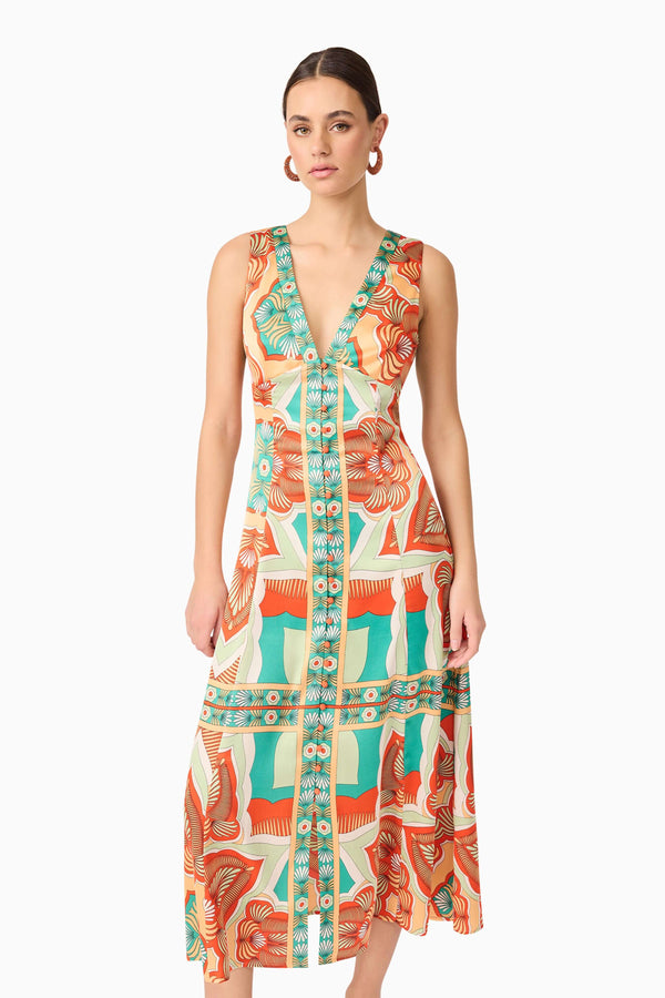 Brunette model wearing Neomi V Neck Midi Dress in Orange close up shot