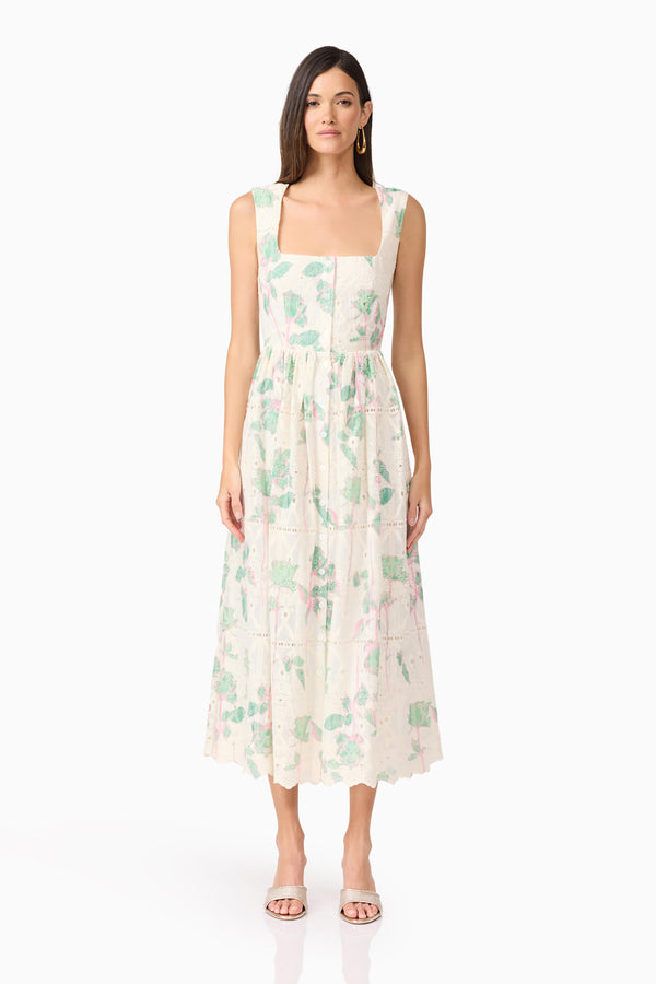 Brunette model wearing Kierra Floral Midi Dress in White front shot