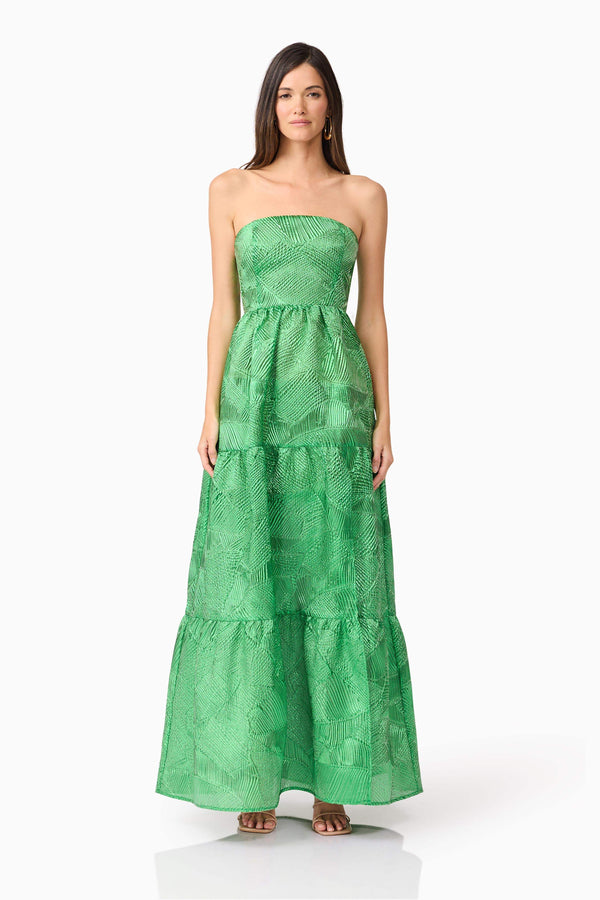 Brunette model wearing Ginnifer Strapless Maxi Dress in Green front shot