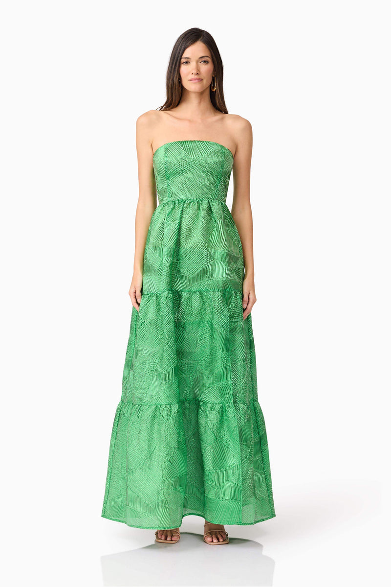 Brunette model wearing Ginnifer Strapless Maxi Dress in Green front shot
