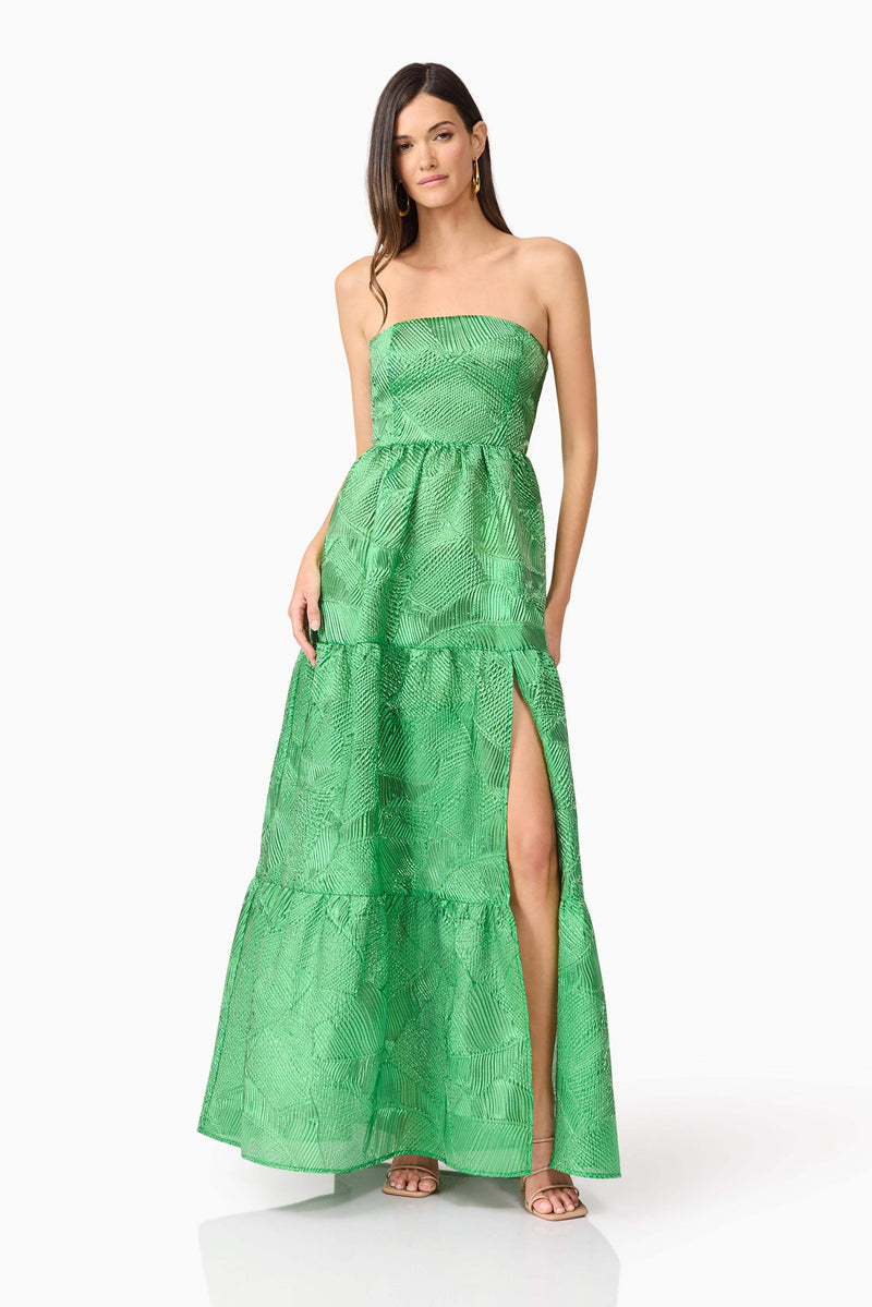 Brunette model wearing Ginnifer Strapless Maxi Dress in Green posed shot
