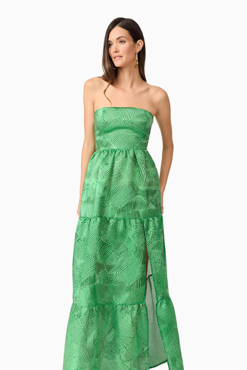 Brunette model wearing Ginnifer Strapless Maxi Dress in Green close-up shot