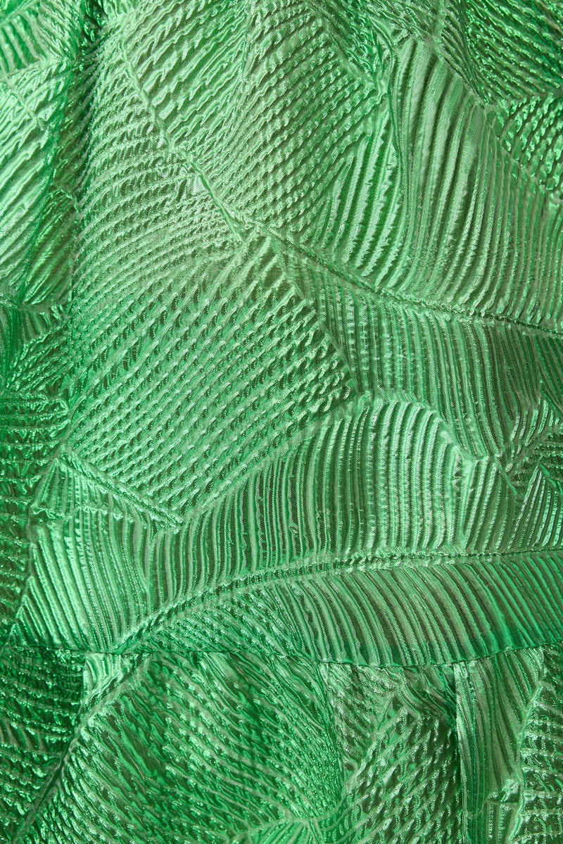 Brunette model wearing Ginnifer Strapless Maxi Dress in Green detail shot