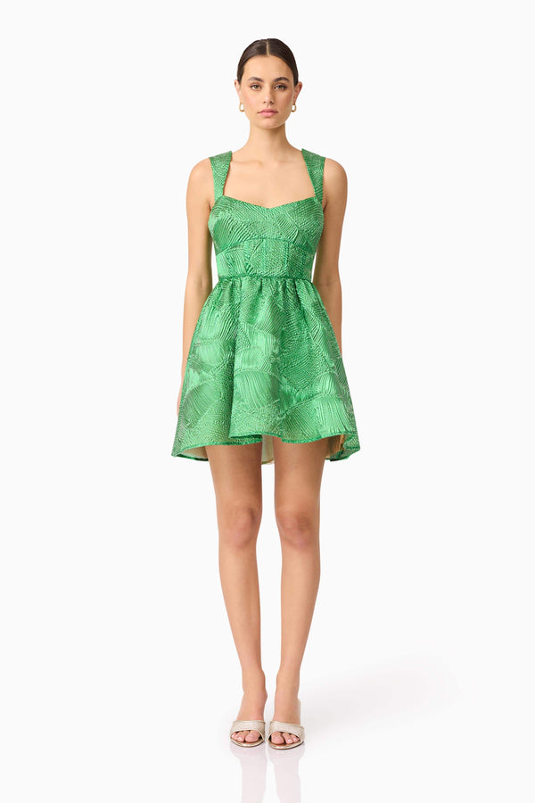 Brunette model wearing Ginnifer A-Line Mini Dress in Green front shot