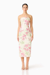 Brunette model wearing the Greta Embroidered Midi Dress in Cream & Pink Floral front shot