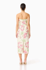 Brunette model wearing the Greta Embroidered Midi Dress in Cream & Pink Floral back shot