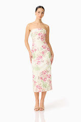 Brunette model wearing the Greta Embroidered Midi Dress in Cream & Pink Floral posed shot
