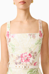Brunette model wearing the Greta Embroidered Mini Dress in Cream & Pink Floral detail shot