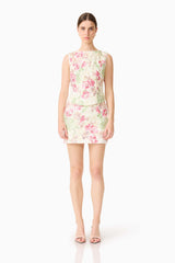 Brunette model wearing the Greta Embroidered Set in Cream & Pink Floral front shot