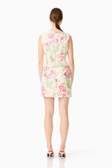 Brunette model wearing the Greta Embroidered Set in Cream & Pink Floral back shot