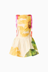 Brunette model wearing the Lilia A-Line Mini Dress in Multi Floral ghost shot