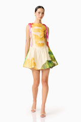 Brunette model wearing the Lilia A-Line Mini Dress in Multi Floral posed shot