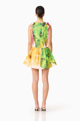 Brunette model wearing the Lilia A-Line Mini Dress in Multi Floral back shot